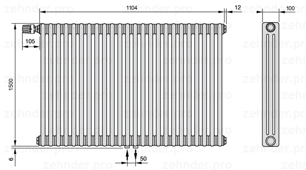 Схема (чертеж) Радиатор Zehnder Charleston 3150/24 №V007 Белый глянцевый RAL 9016